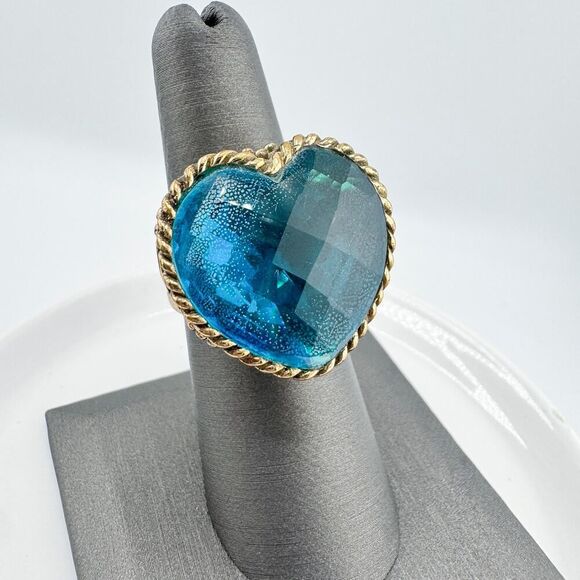 Vintage Sajen Bronze Filigree Heart Ring Dream Blue CZ Retro Glam Modern Chunky - Picture 1 of 14